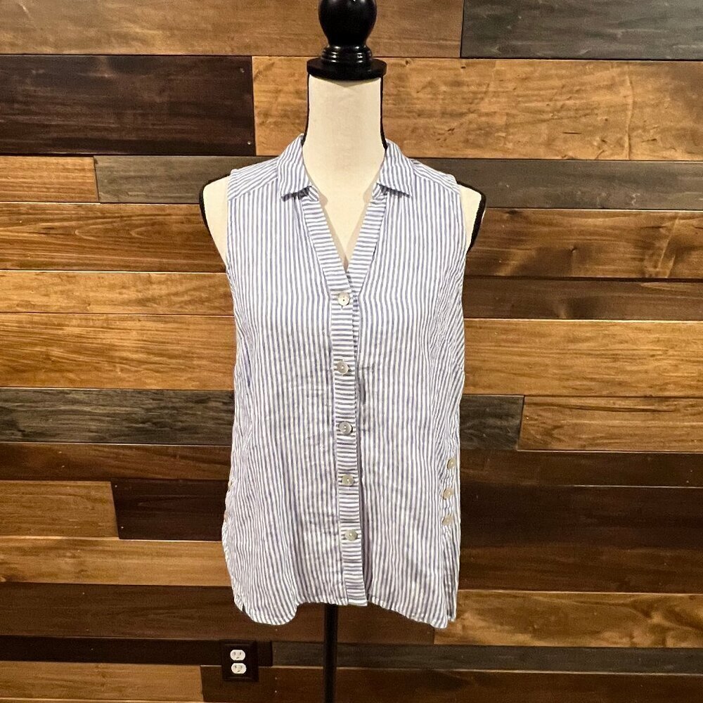 J. Jill Love Linen Blue & White Stripe Sleeveless Button Up Blouse, Size Small P